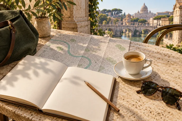 Illustration of an open notebook, decorative city map, espresso and sunglasses on a sunlit stone table.