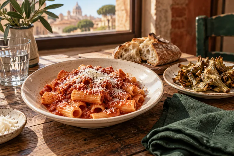 Illustration of rigatoni with tomato sauce and pecorino beside fried artichokes, bread and a green linen napkin.
